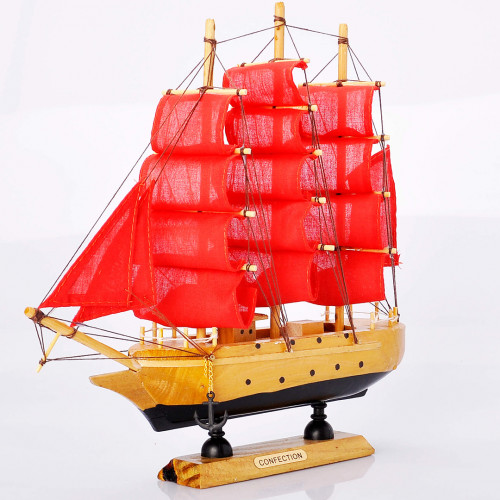 Дерев'яний корабель Парусник 24 см №06-2 червоні вітрила